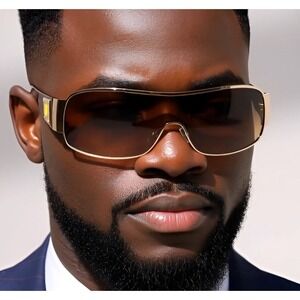 Block Curved One Piece Shield Sunglasses Men's Flat Top Gold‎ Frame Brown Lens